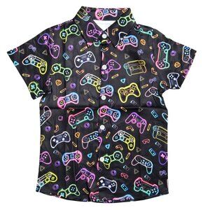 NWOT | Boy's Neon Gaming Controller Print Button-Up Shirt | Black | 4-5T